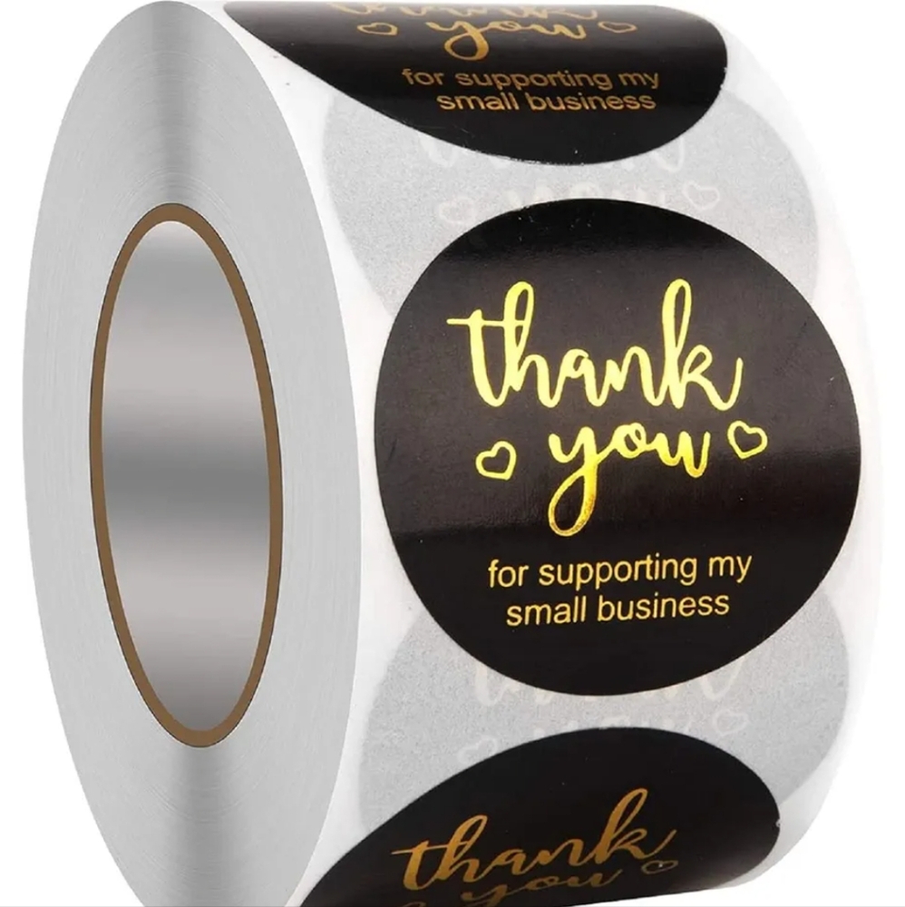 🌻NEW Thank You One-Inch Jet Black and Gold Stickers 500 Count Roll